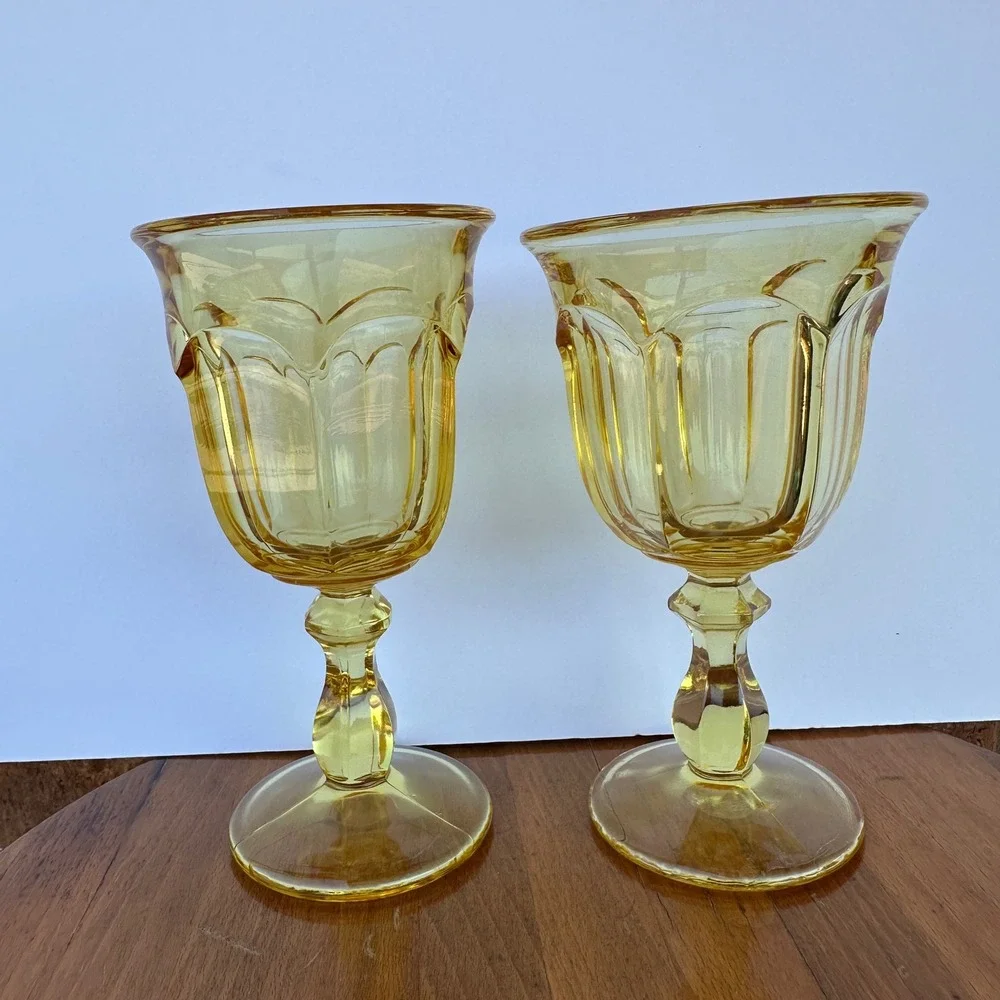 Vintage Amber Glass Goblets Set of 2 Fluted Stemware Mid Century Modern Yellow